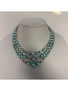 Vintage Triple Strand Faux Pearl Necklace Aqua Blue Beaded 50s Japan